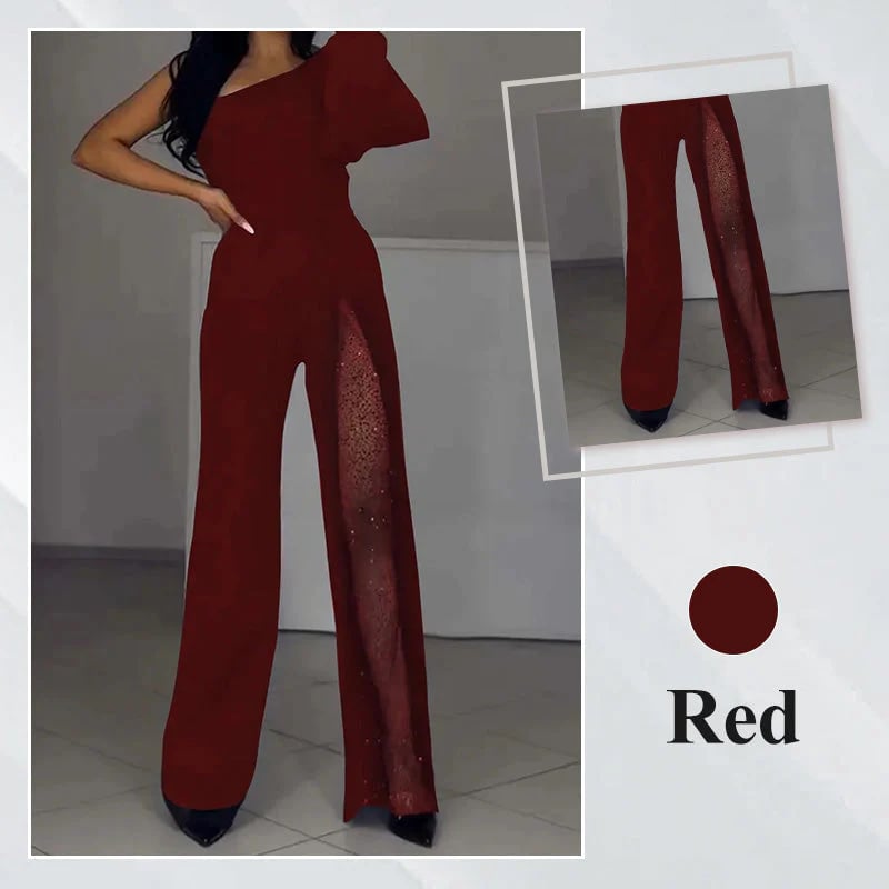 ✨👠Sparkling One Shoulder Mesh Flared Jumpsuit🖤