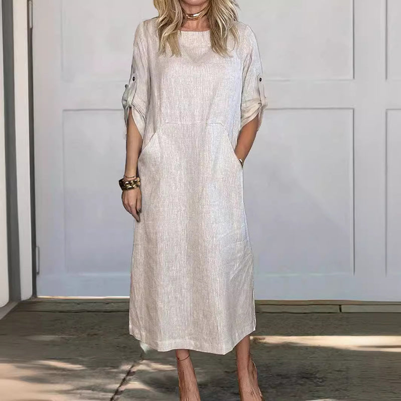 Women's Cotton and Linen Solid Color Loose Dresses-unitmotor™