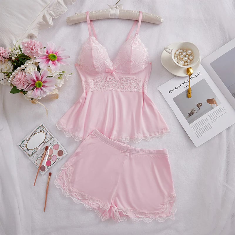 💕Lace Trimmed V-Neck Camisole & Shorts Sleepwear Set