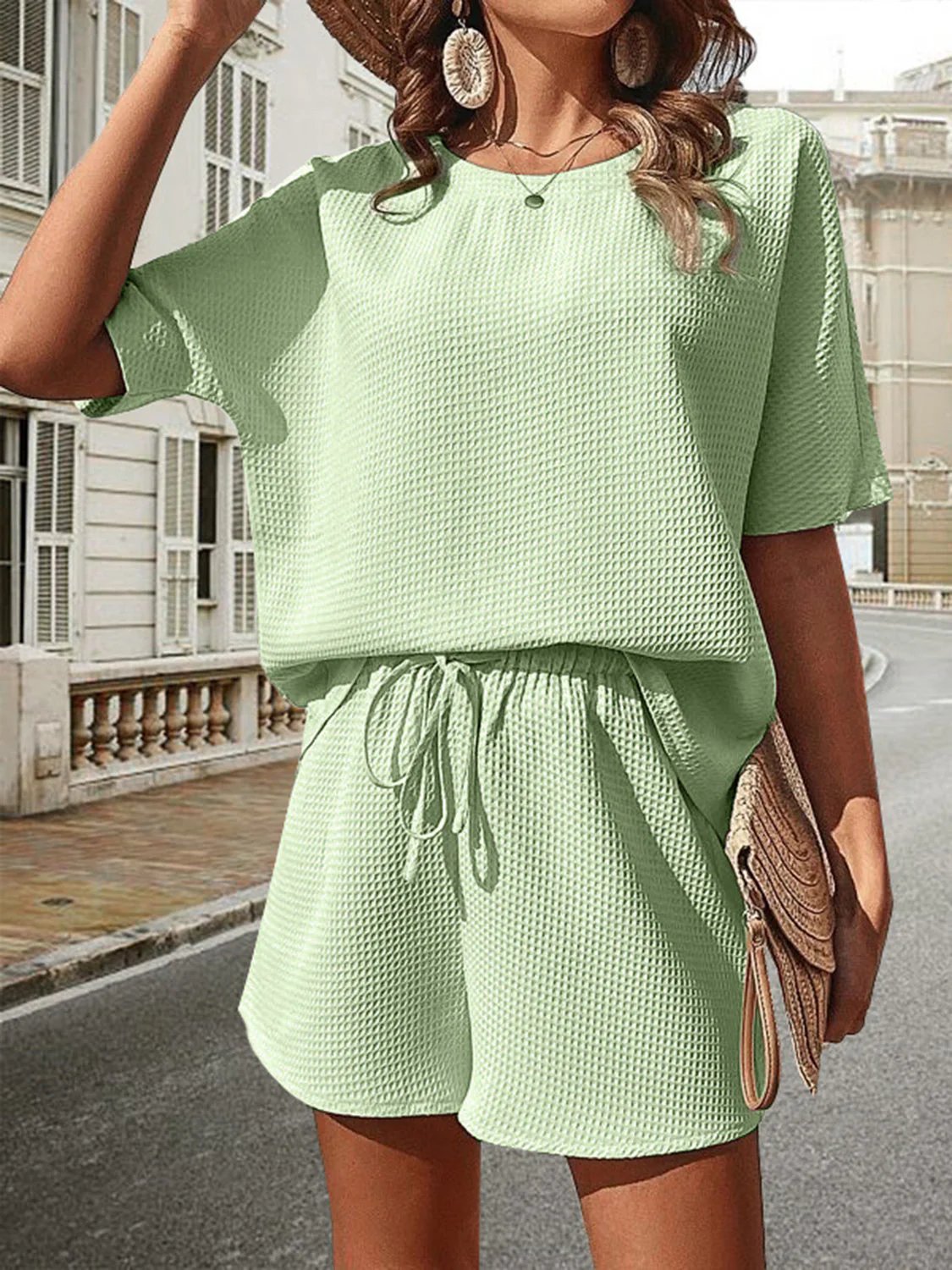 🔥Waffle-Knit Half Sleeve Top and Shorts Set