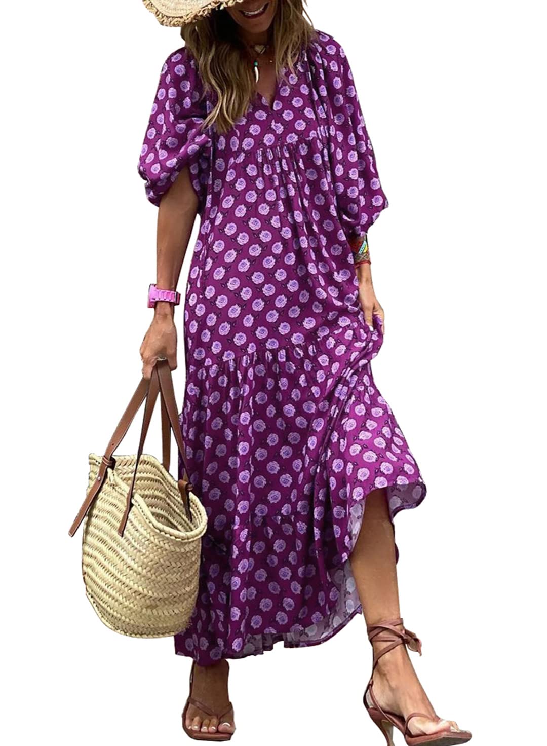💥Special sale - Women's Puff Sleeve Floral Boho Maxi Dress