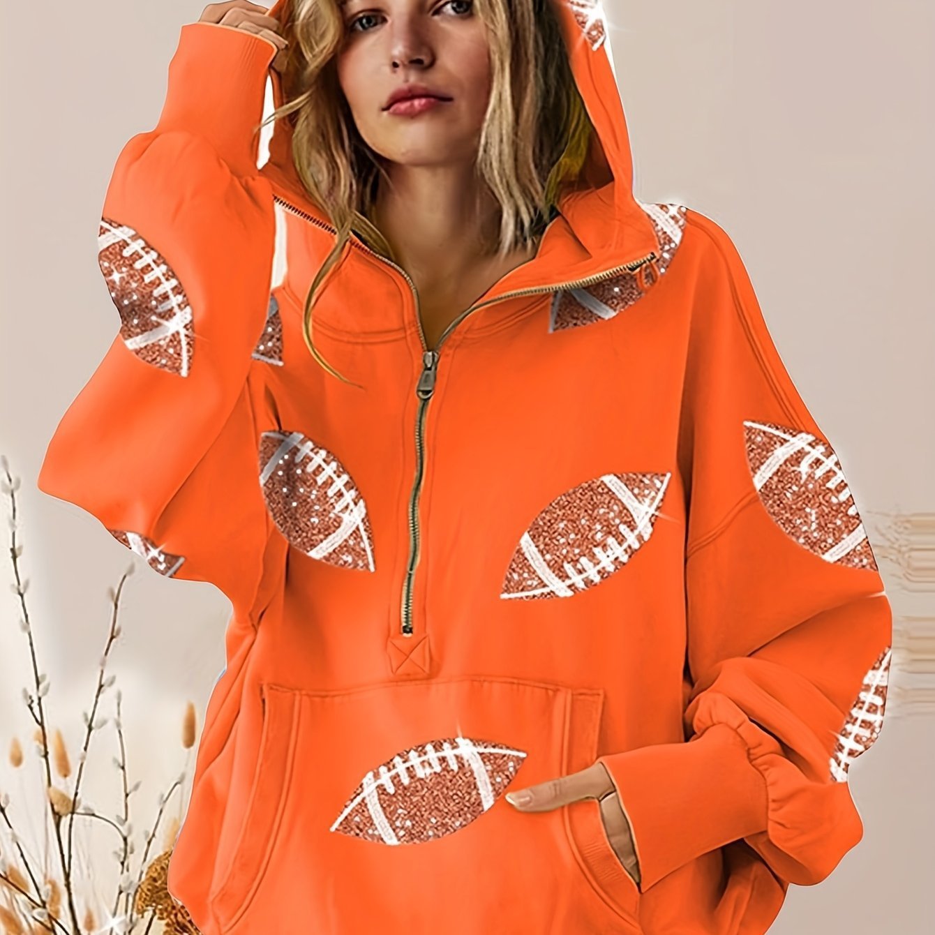 π₯'Glam Kickoff' Football Game Day Long Sleeve Half-Zip Hoodie