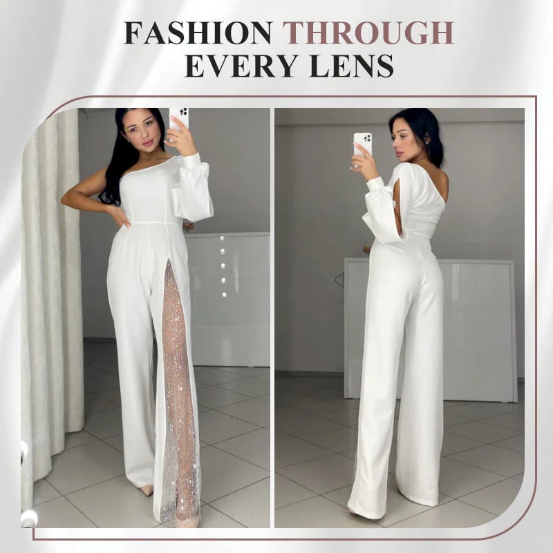 ✨👠Sparkling One Shoulder Mesh Flared Jumpsuit🖤