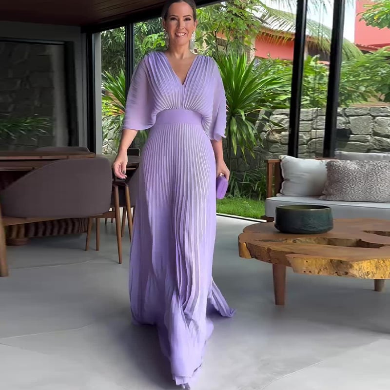 Pleated Batwing Sleeve Waist-Cinching Dress (Buy 2 Free Shipping)-unitmotor™