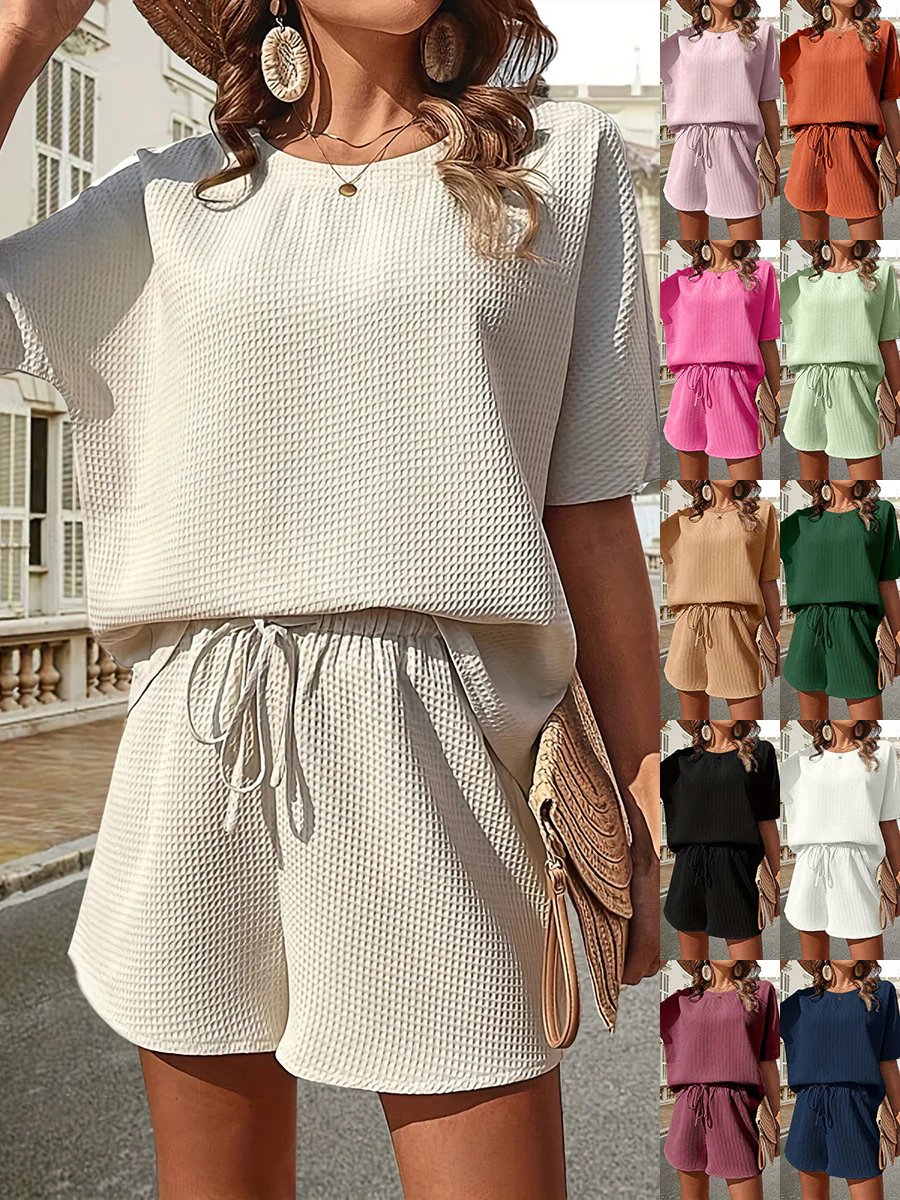 🔥Waffle-Knit Half Sleeve Top and Shorts Set