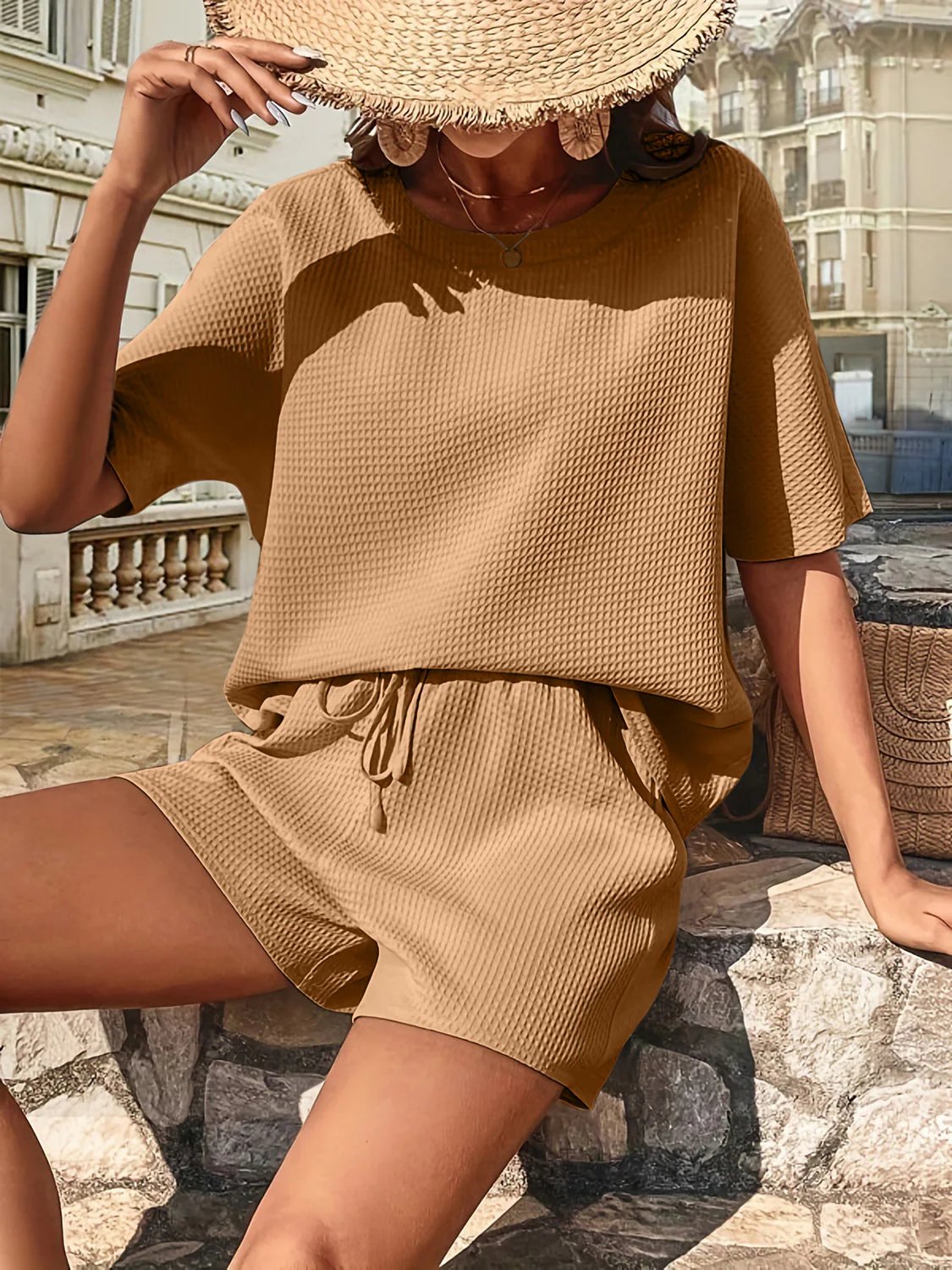 🔥Waffle-Knit Half Sleeve Top and Shorts Set