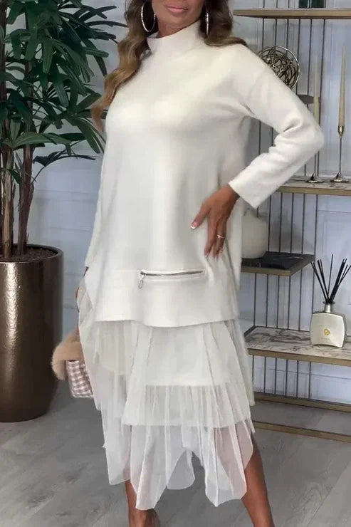 π Two-Piece Set: Long Sleeve Top and Tulle Skirt for Women