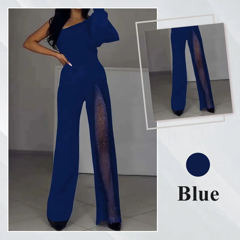 ✨👠Sparkling One Shoulder Mesh Flared Jumpsuit🖤