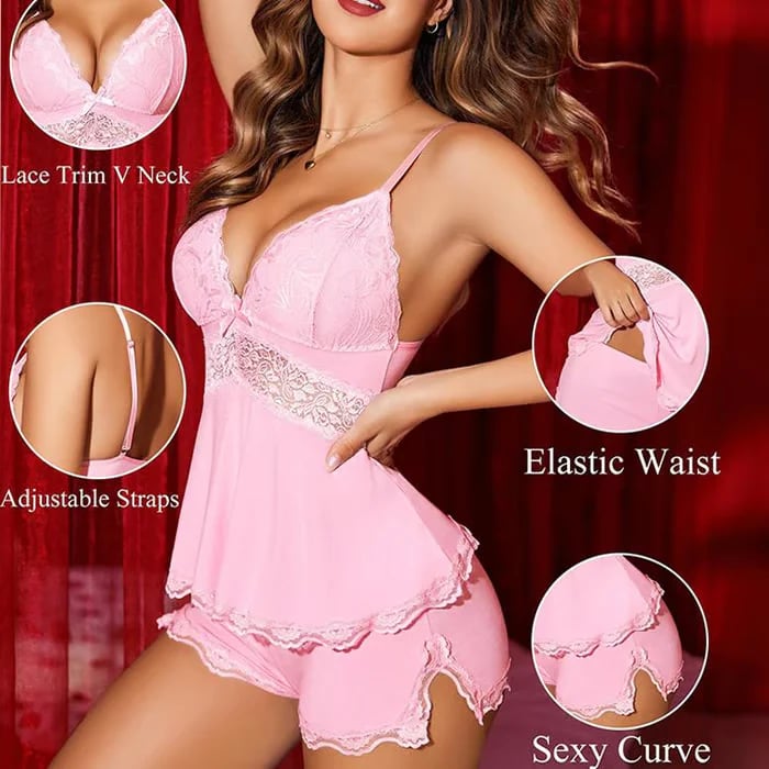 💕Lace Trimmed V-Neck Camisole & Shorts Sleepwear Set