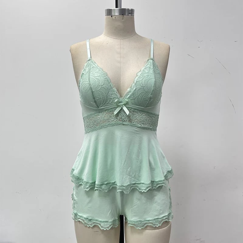 💕Lace Trimmed V-Neck Camisole & Shorts Sleepwear Set