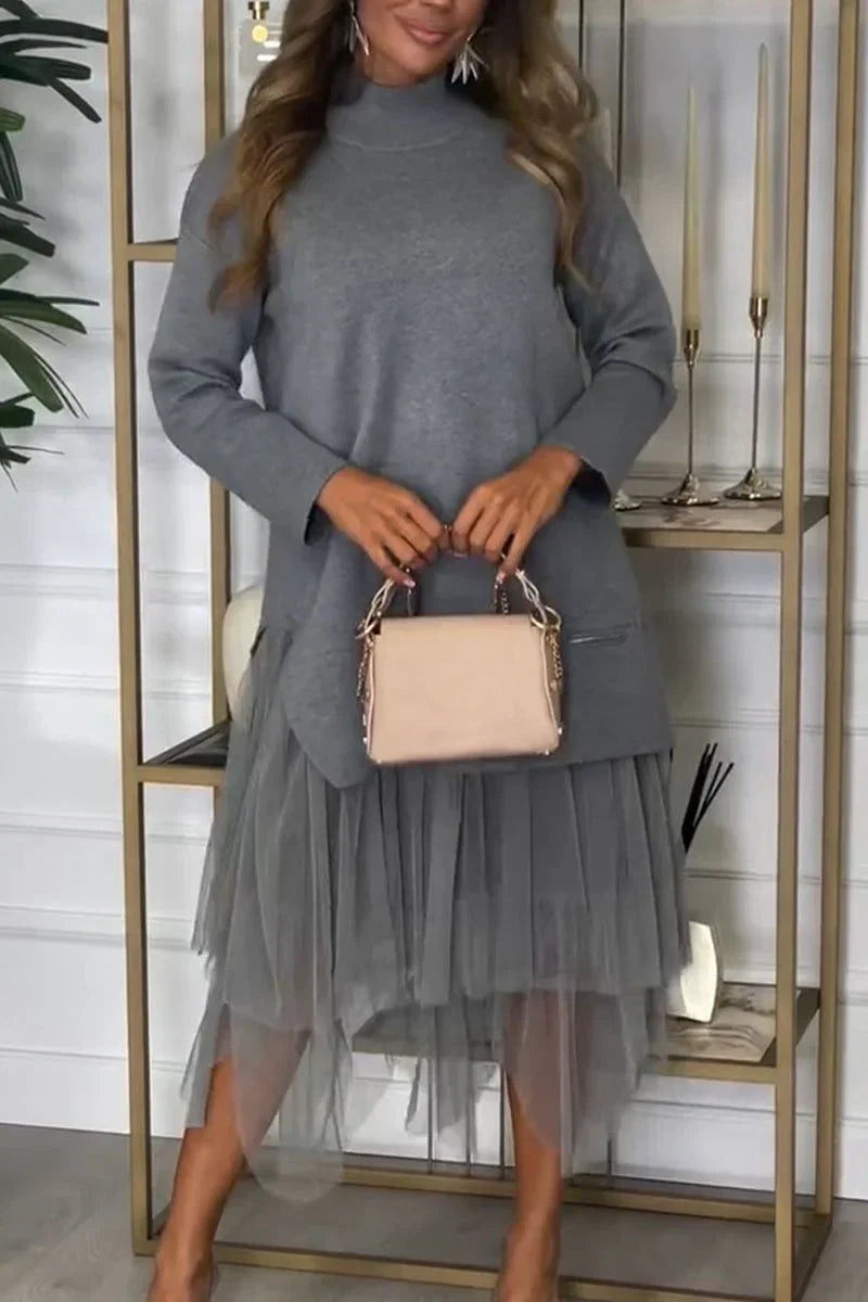 π Two-Piece Set: Long Sleeve Top and Tulle Skirt for Women