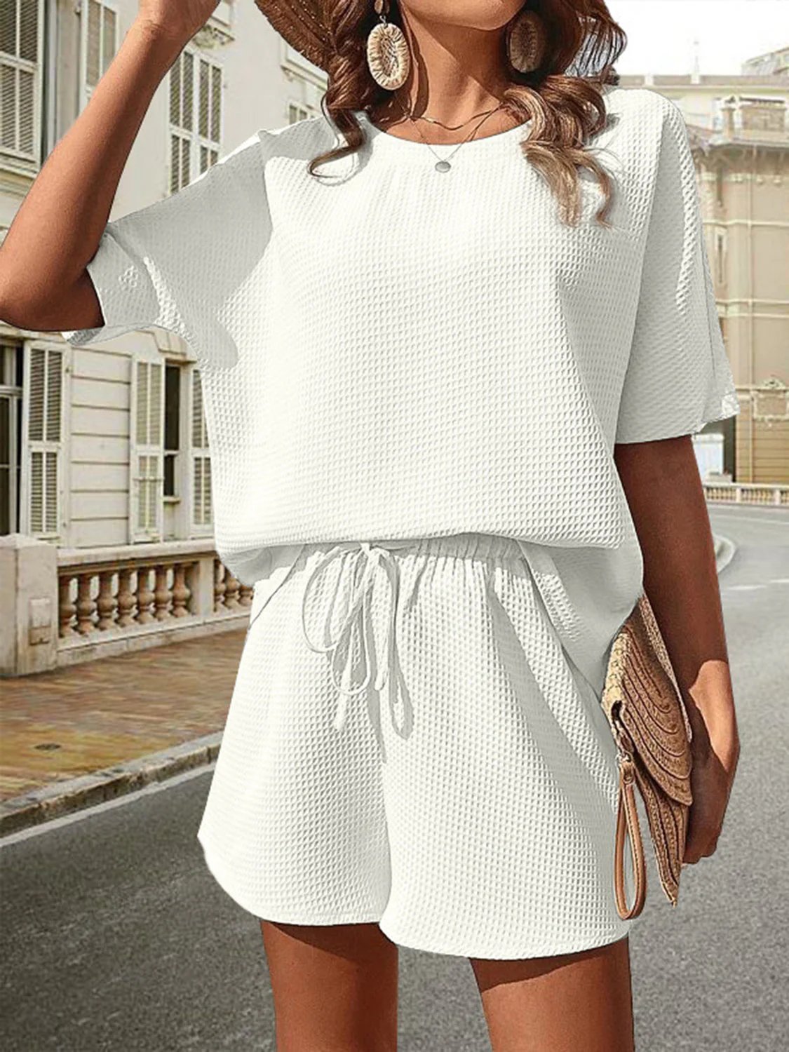 🔥Waffle-Knit Half Sleeve Top and Shorts Set