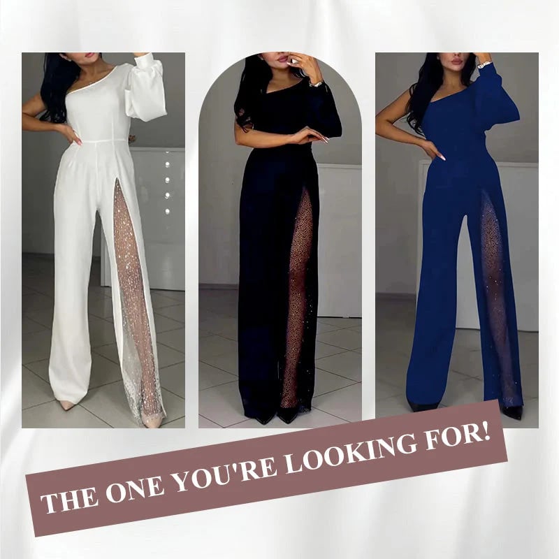 ✨👠Sparkling One Shoulder Mesh Flared Jumpsuit🖤