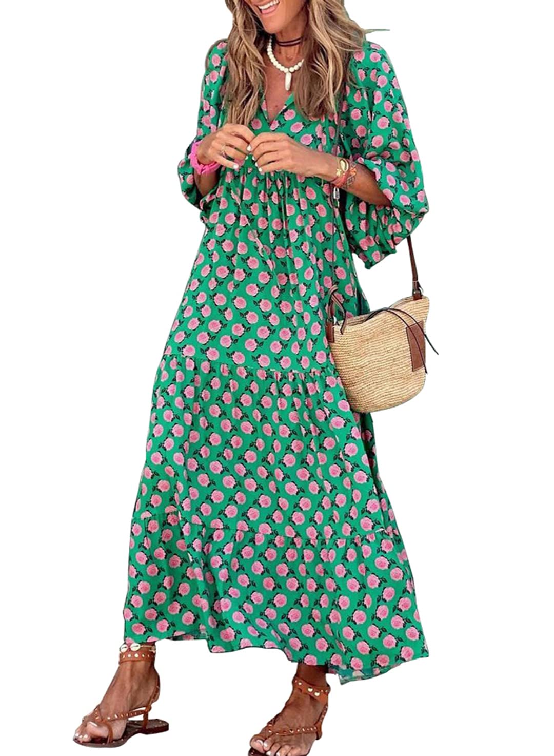 💥Special sale - Women's Puff Sleeve Floral Boho Maxi Dress