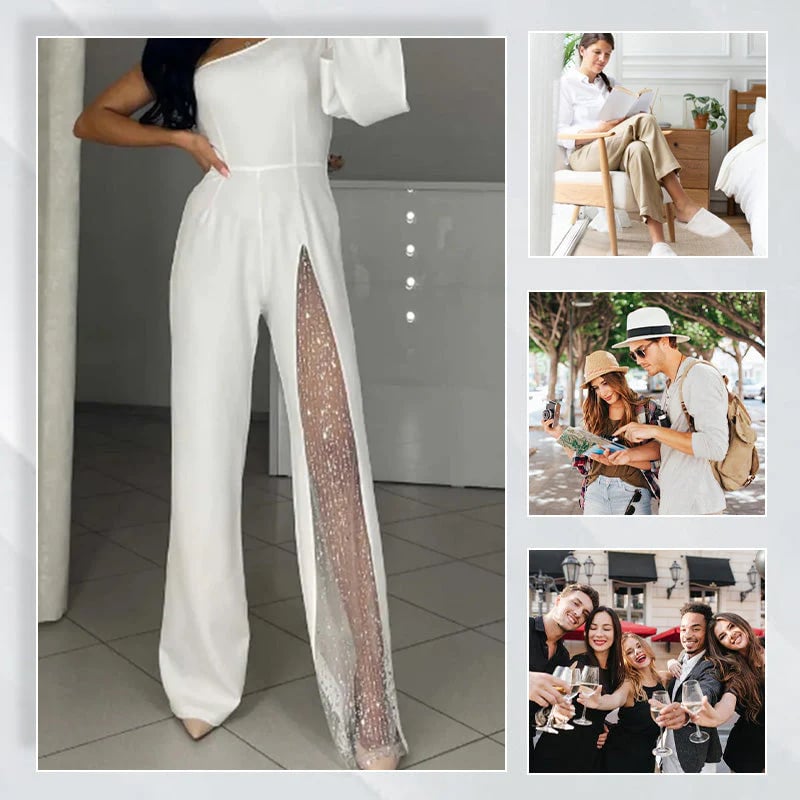 ✨👠Sparkling One Shoulder Mesh Flared Jumpsuit🖤