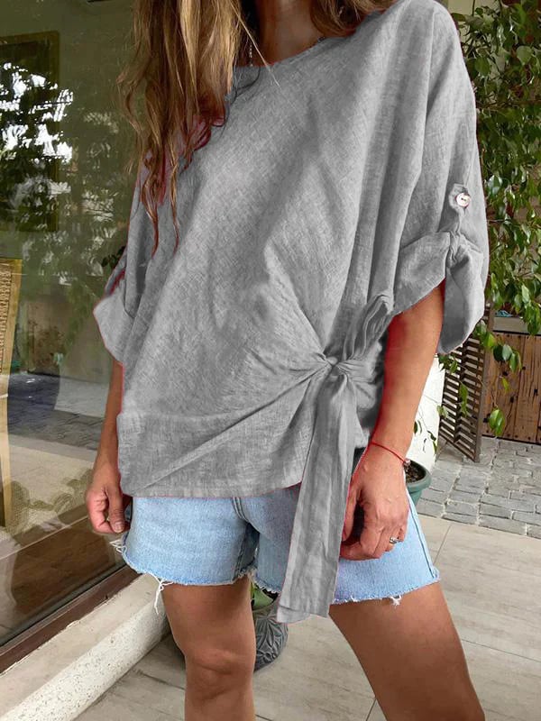 🌷Women's cotton and linen crewneck tie knot top-unitmotor™