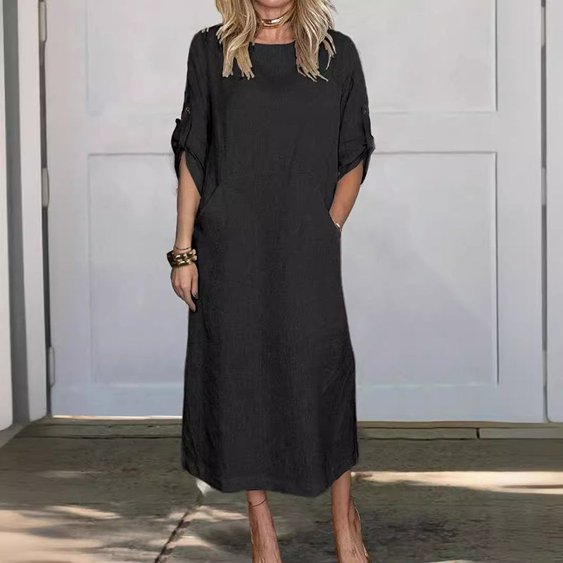 Women's Cotton and Linen Solid Color Loose Dresses-unitmotor™