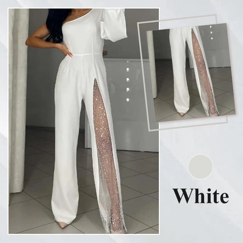 ✨👠Sparkling One Shoulder Mesh Flared Jumpsuit🖤