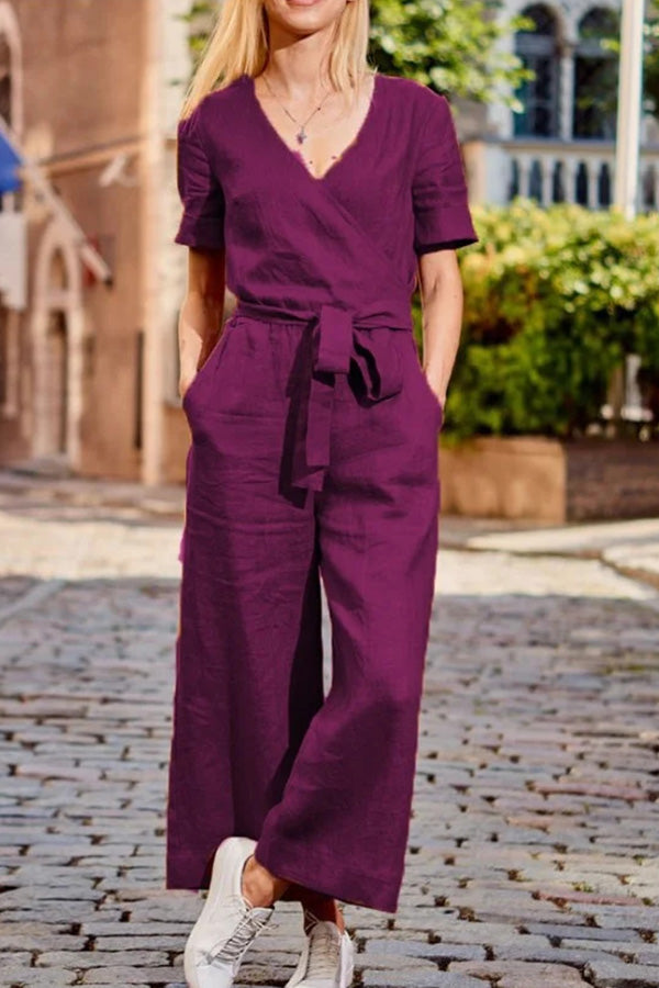 SHORT SLEEVE SOLID COLOR LACE-UP V NECK SOFT ROMPER JUMPSUIT-unitmotor™