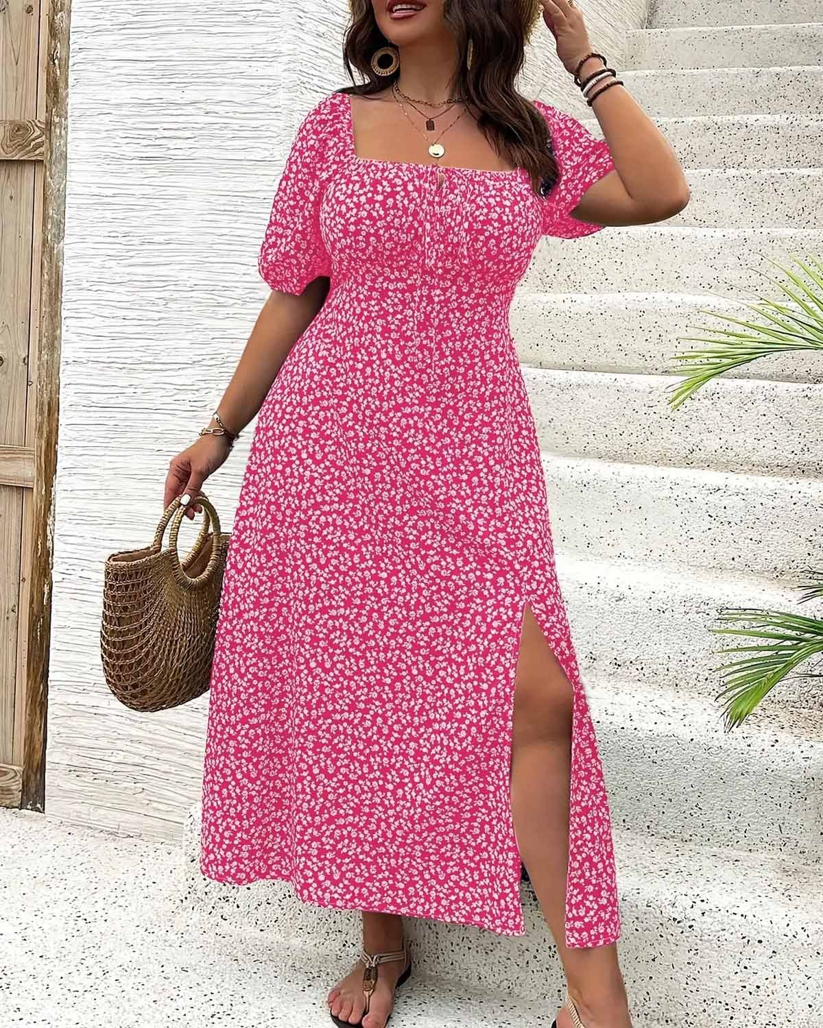 đź’—Plus Size Split Floral Print Boho Maxi Dress