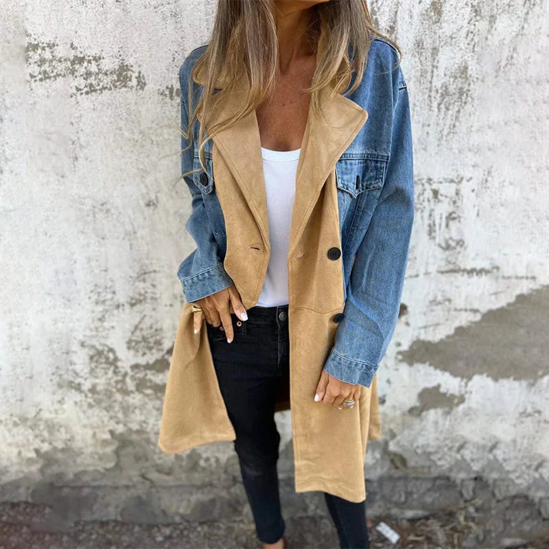 🌸Mid-Length Trench Coat with Denim Jean Stitching