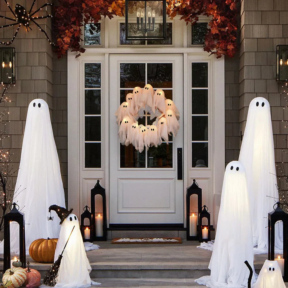 LED Ghost Wreath – Light-Up Halloween Door Décor (40cm) |FREE Witchy Vibes Recipe Booklet w/ Every purchase