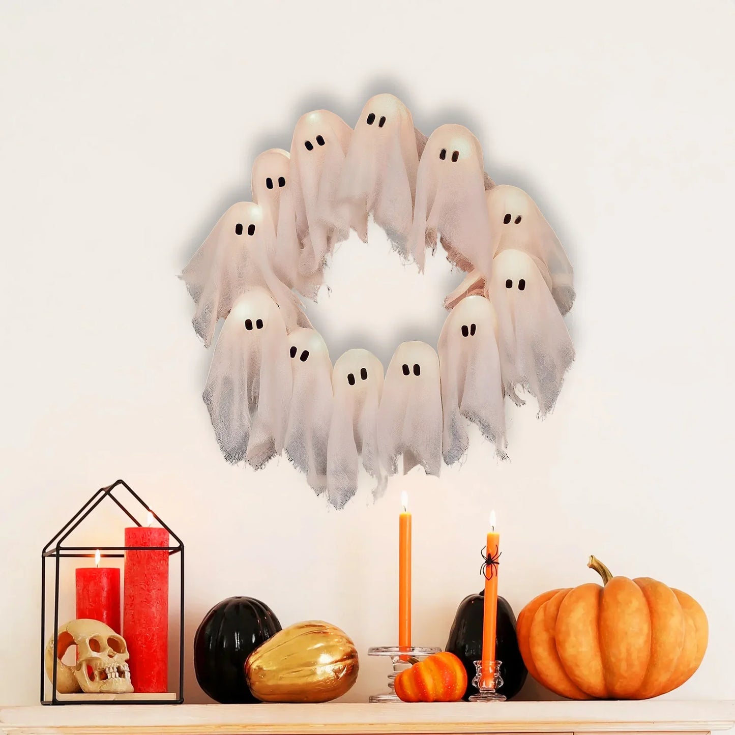 LED Ghost Wreath – Light-Up Halloween Door Décor (40cm) |FREE Witchy Vibes Recipe Booklet w/ Every purchase