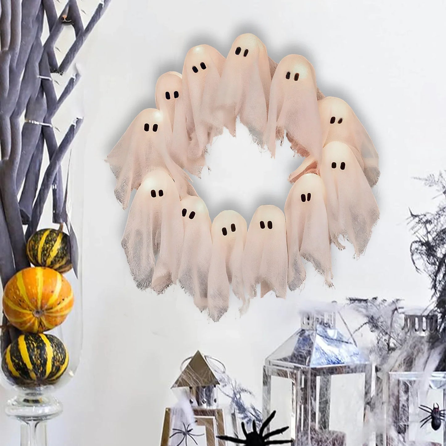 LED Ghost Wreath – Light-Up Halloween Door Décor (40cm) |FREE Witchy Vibes Recipe Booklet w/ Every purchase
