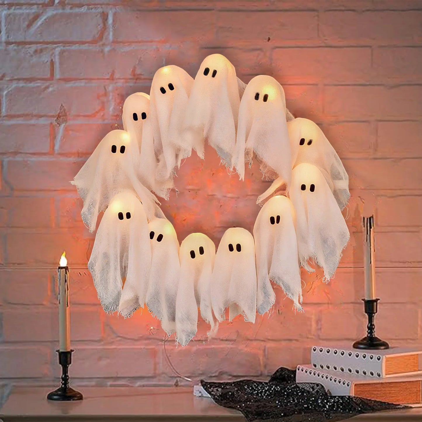 LED Ghost Wreath – Light-Up Halloween Door Décor (40cm) |FREE Witchy Vibes Recipe Booklet w/ Every purchase