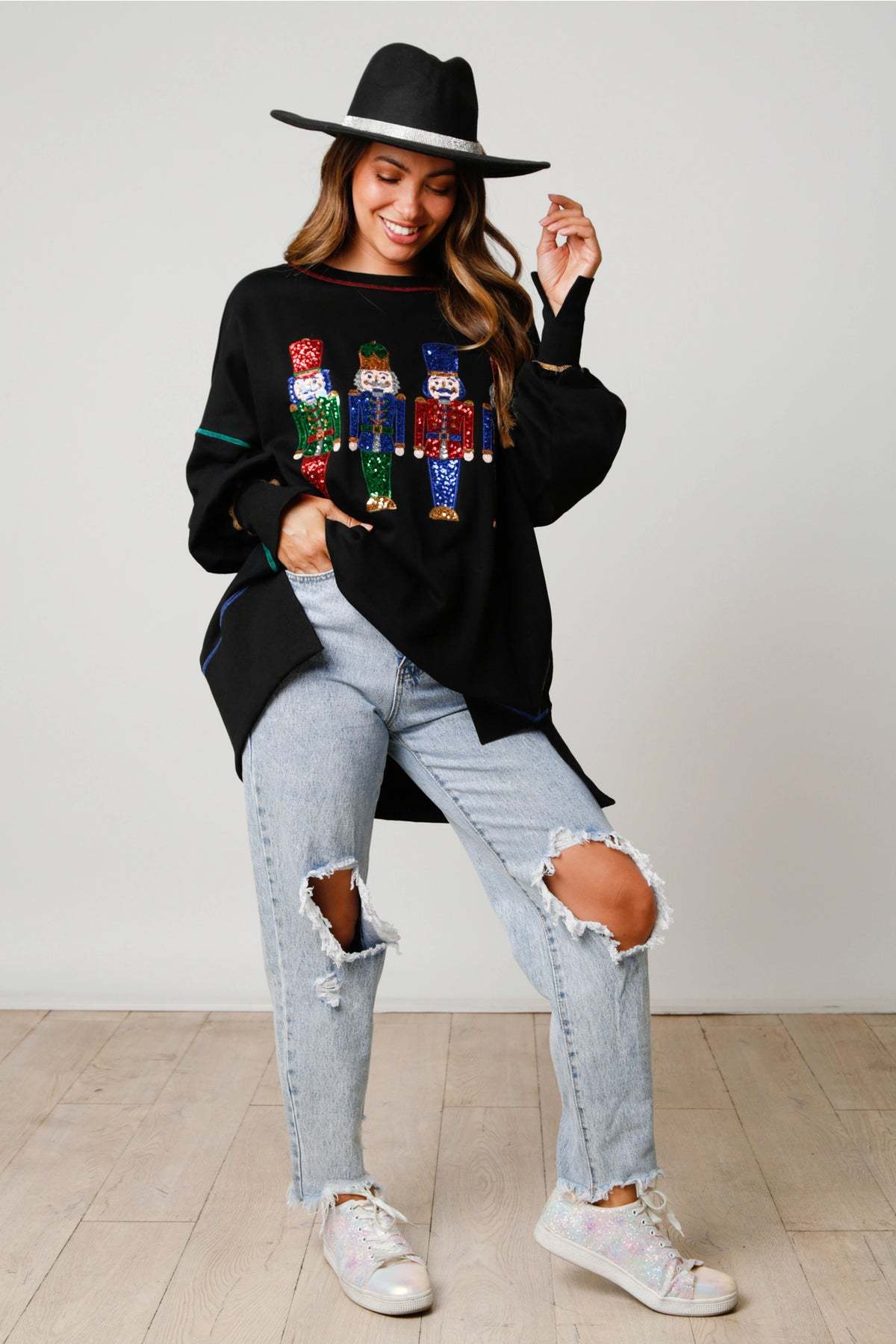 Christmas sequin print crew neck long sleeve sweatshirt-unitmotor™