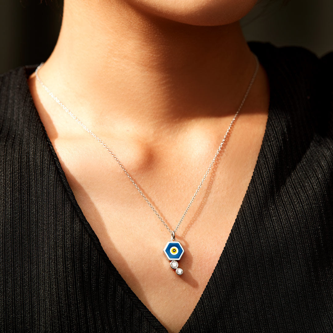 Hexagon Enamel Evil Eye Necklace-unitmotor™