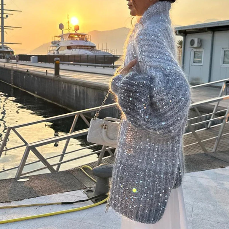 unitmotor™-Knitted sweater jacket with solid color sequins