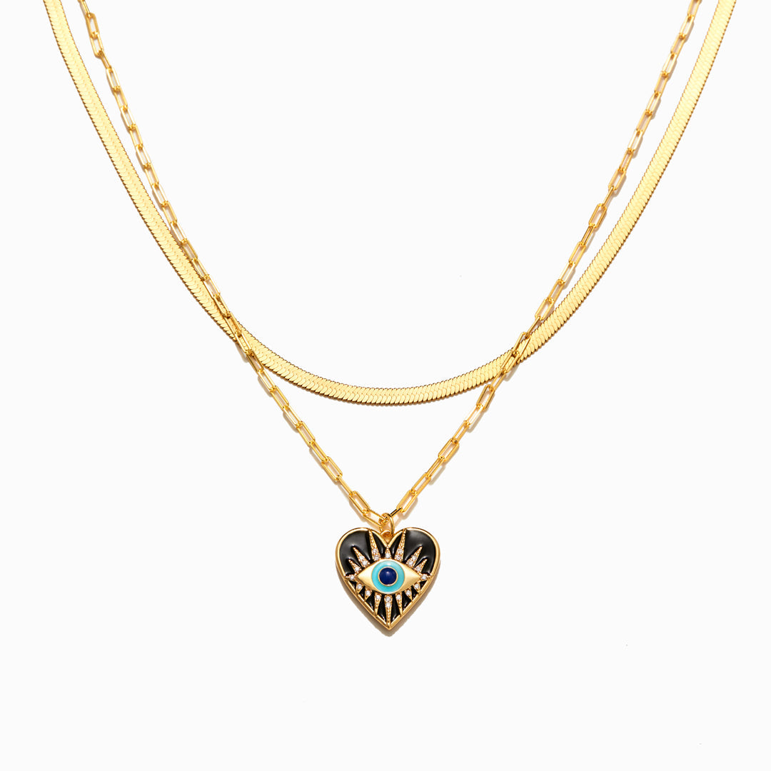 Enamel Heart Evil Eye Layered Necklace Set-unitmotor™