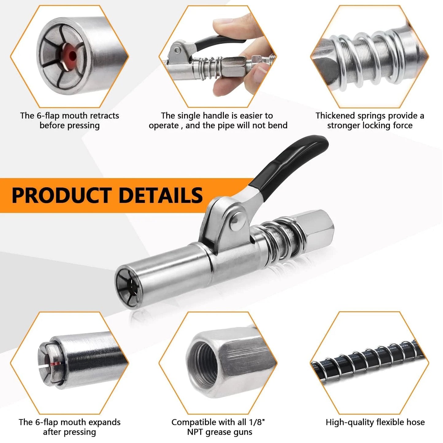🎁2024 New Year Hot Sale🎁Strong Lock on Grease Couplers with Spring Flex Hose-unitmotor™