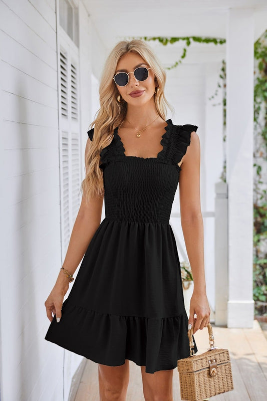 Summer Casual Sleeveless Square Neck Smocked Ruffle Backless Beach Dress