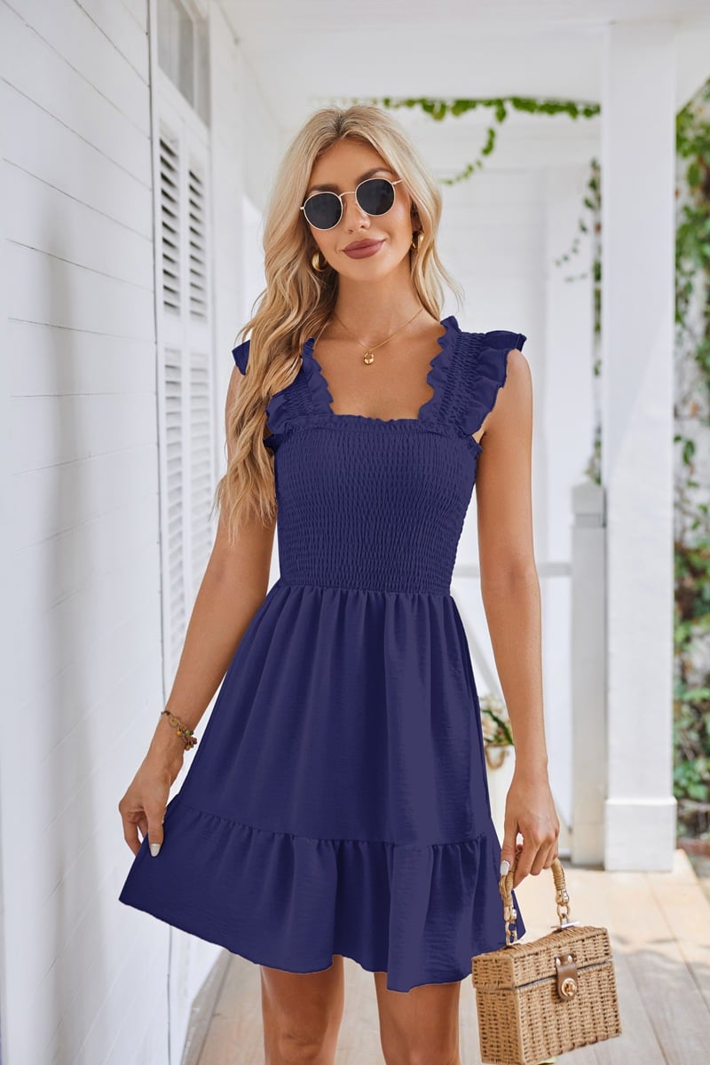 Summer Casual Sleeveless Square Neck Smocked Ruffle Backless Beach Dress