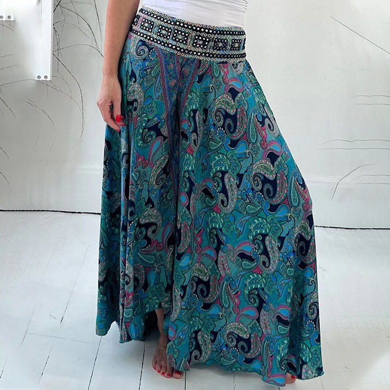 Ethnic Paisley Print Elastic Patchwork-Waist Lightweight Pants-unitmotor™