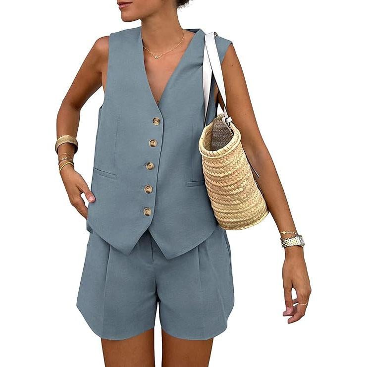 PrettyGarden Women's Summerwear Sleeveless V Neck Button Down 2-Piece Outfit with Functional Pockets