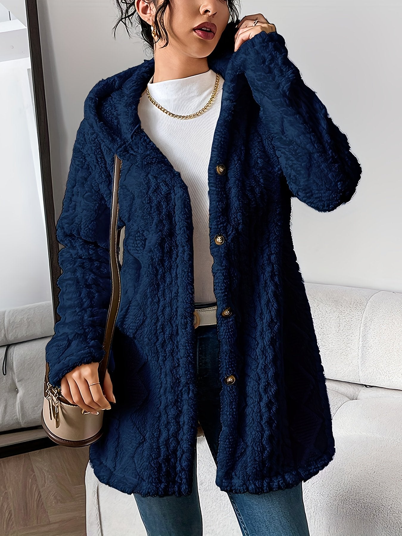 🎉New Arrival-49% Off💛Womens Fuzzy Fleece Button Down Jacket Hooded Open Front Cardigan Sweater