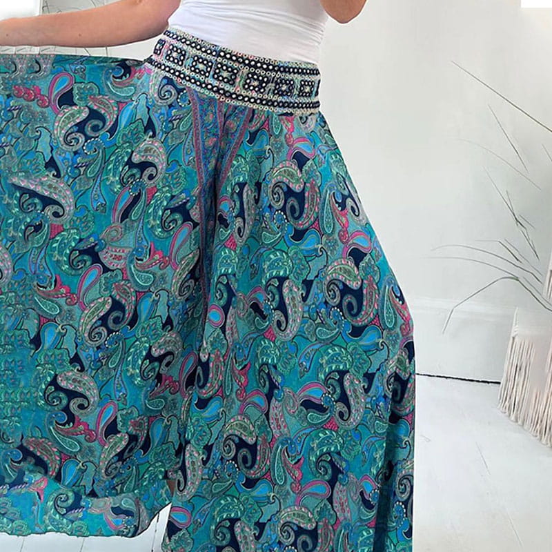 Ethnic Paisley Print Elastic Patchwork-Waist Lightweight Pants-unitmotor™