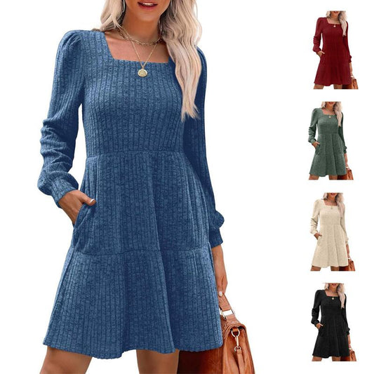 💥2025 HOT SALE💥Womens Square Neck Long Sleeve Fall Dresses Casual Babydoll Sweater Dress