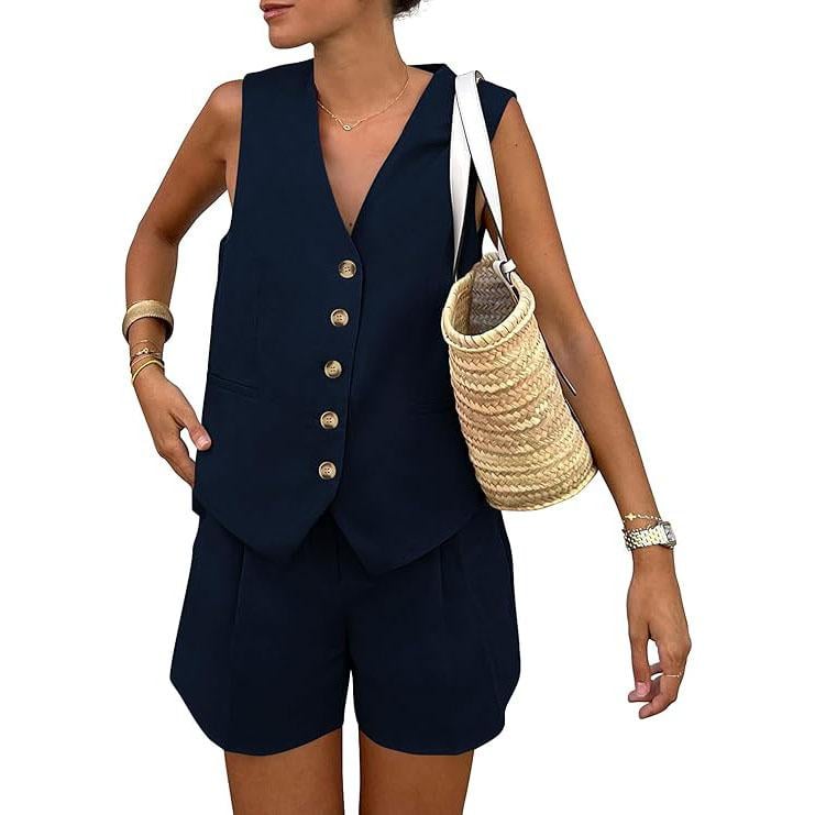 PrettyGarden Women's Summerwear Sleeveless V Neck Button Down 2-Piece Outfit with Functional Pockets