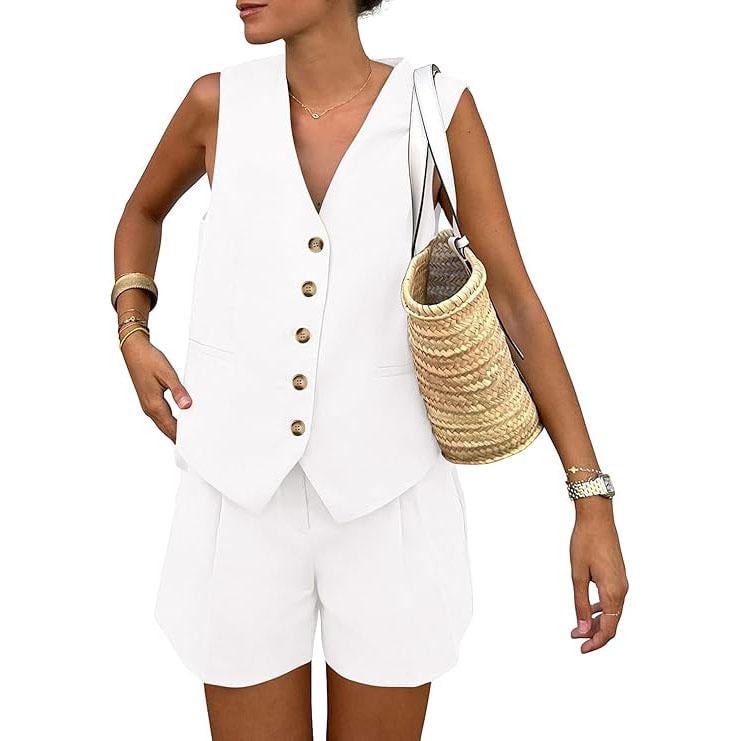 PrettyGarden Women's Summerwear Sleeveless V Neck Button Down 2-Piece Outfit with Functional Pockets
