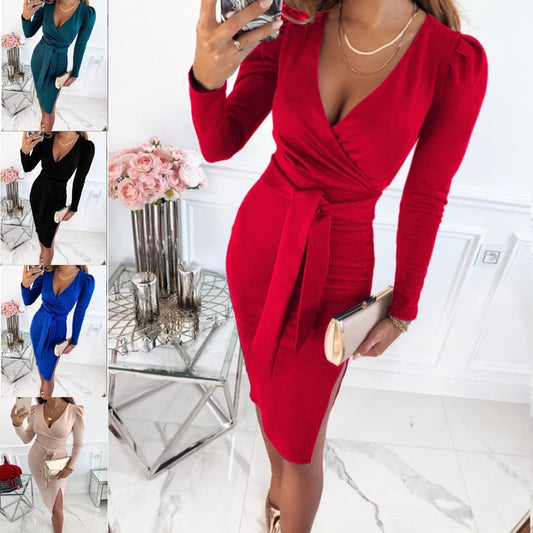 Women's Solid Color V-neck Tight Dress