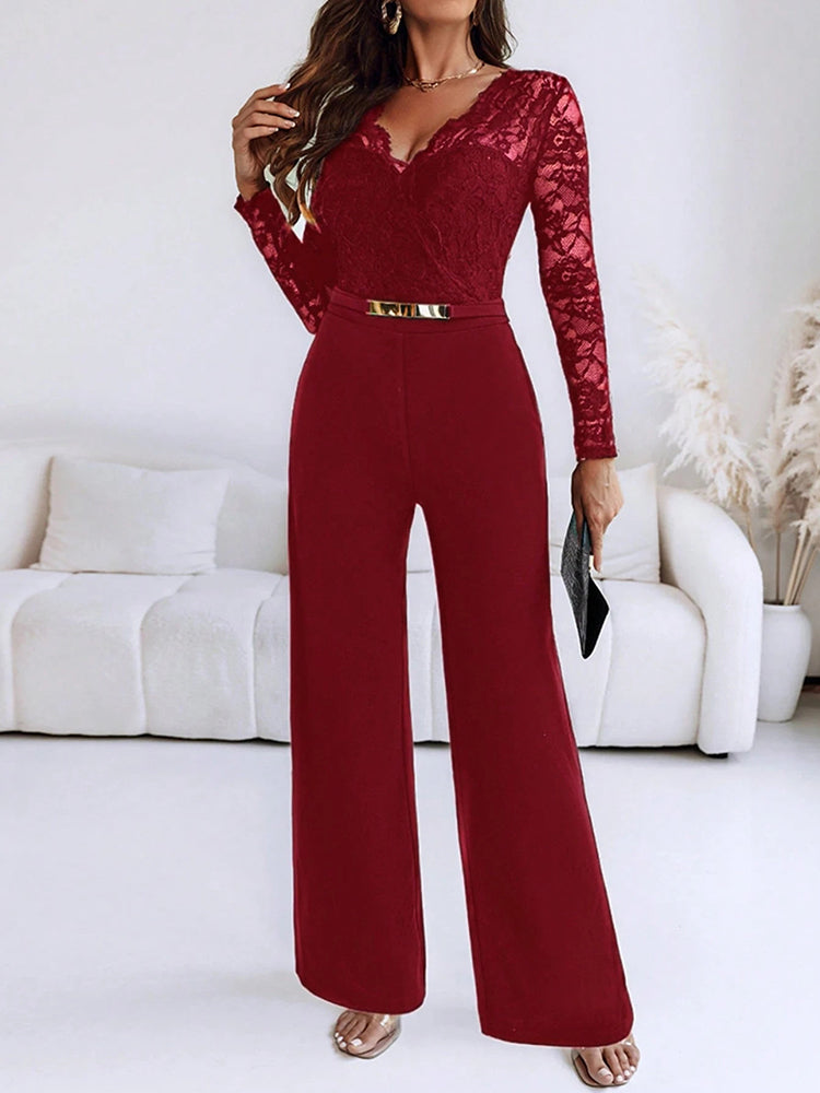 Lady Autumn New Simple Hollow Party Rompers Sexy V-neck Lace Edge Bodycon Jumpsuits Fashion Solid High Waist Commute Playsuits