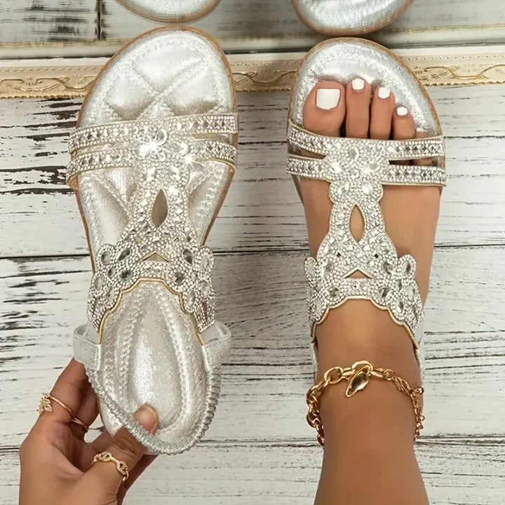 Chic Floral Rhinestone Flat Sandals-unitmotor™