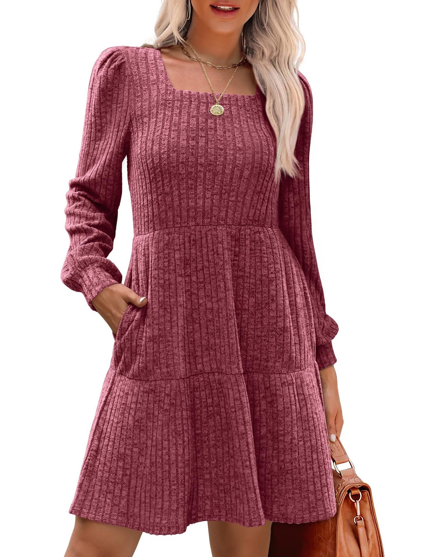 💥2025 HOT SALE💥Womens Square Neck Long Sleeve Fall Dresses Casual Babydoll Sweater Dress