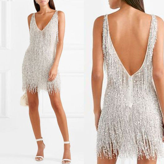 Women's Feather Fringe Sequin Spaghetti Strap Dress-unitmotor™