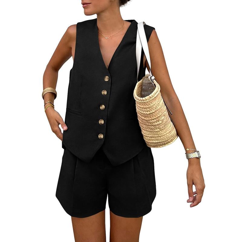 PrettyGarden Women's Summerwear Sleeveless V Neck Button Down 2-Piece Outfit with Functional Pockets
