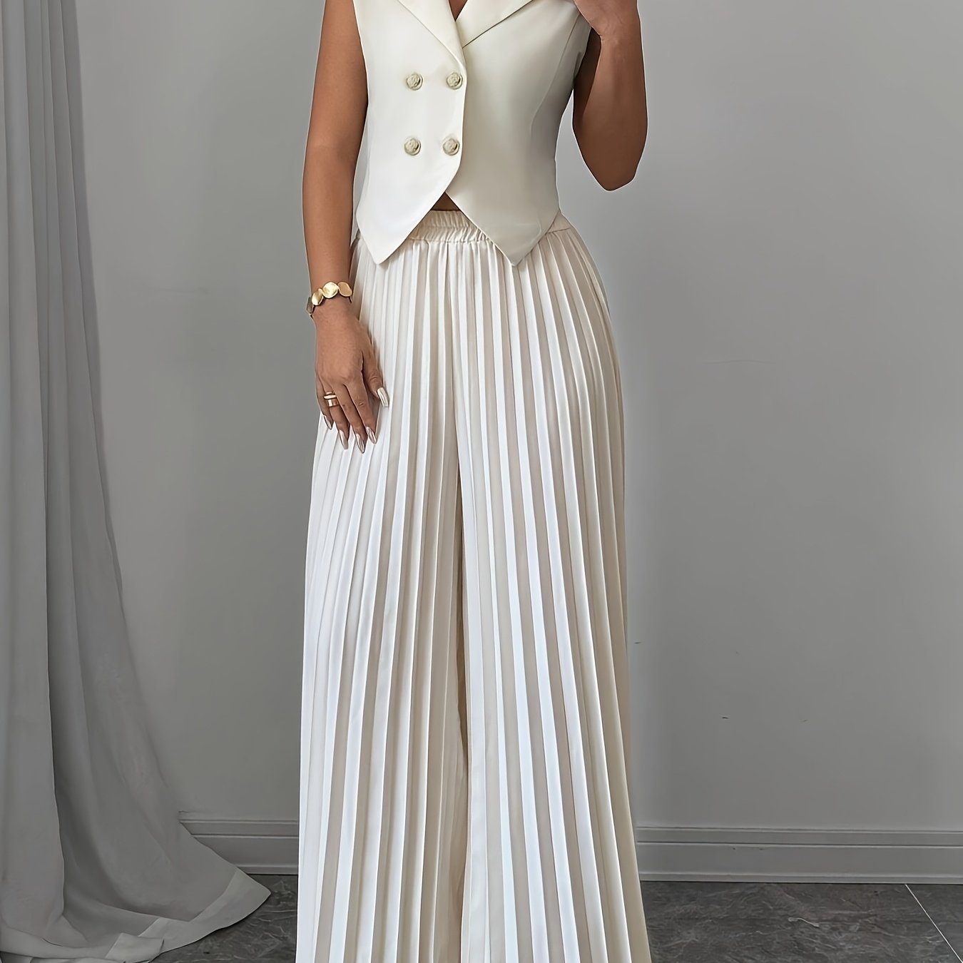 Elegant Solid Color Blazer & Pleated Wide-Leg Pants Set for Women - Machine Washable, Polyester\u002FSpandex Blend